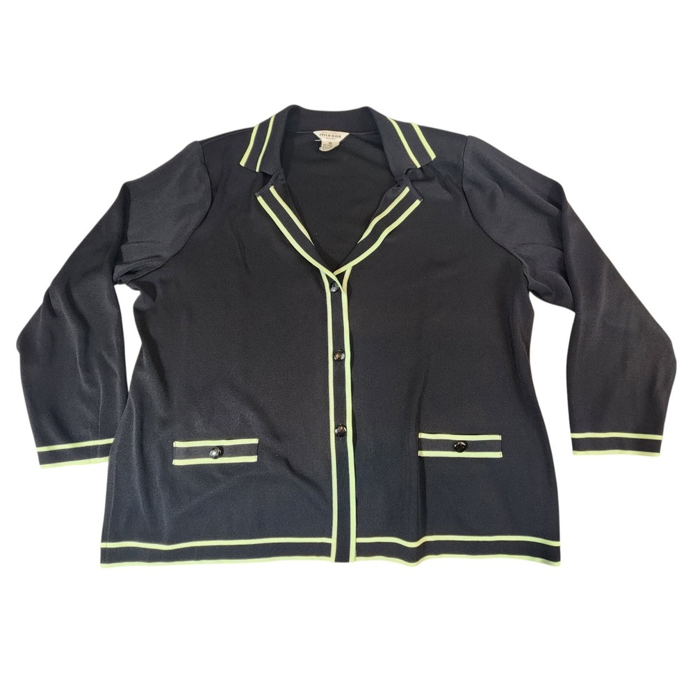 Misook Knit Jacket Women 3X Black Lime Green Contrast Trim Button Front Career